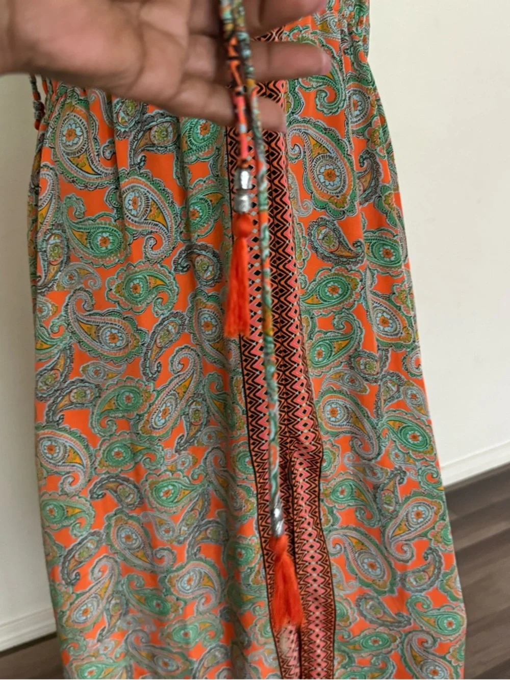Paisley Print Orange & Green Maxi Dress with Center Panel - Picture 3 of 16